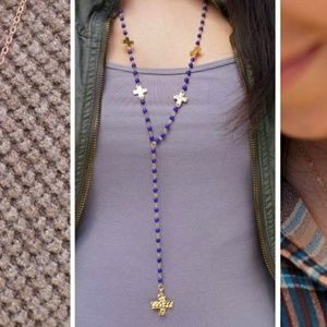 Boho Hammered Gold Cross Necklace with Blue Beads